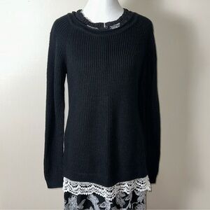 HIPPIE ROSE M Black White Crochet Lace Hem Knit Crewneck Pullover Sweater